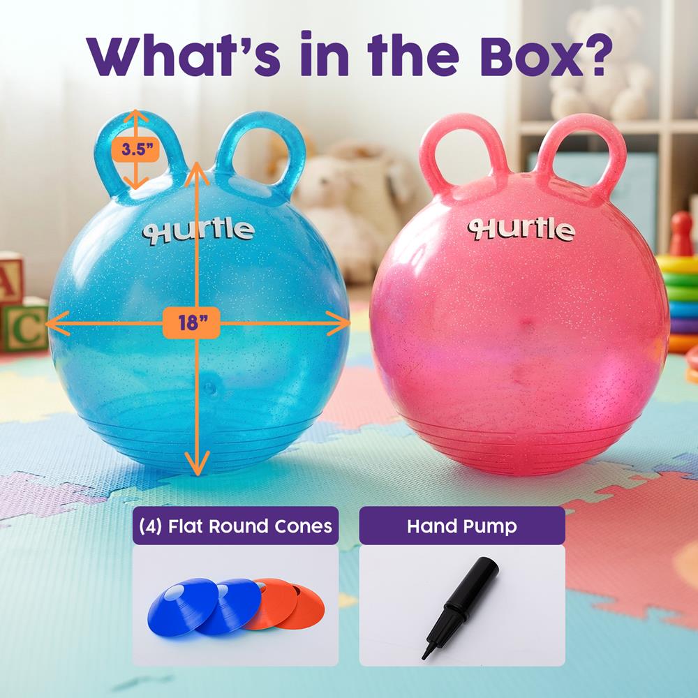 Glitter Space Hopper Balls with Hand Pump and Cones - 2 Pack Blue & Red