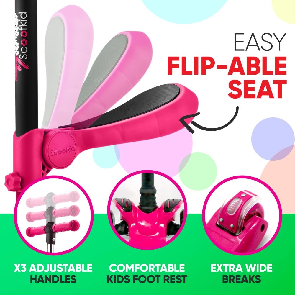 3 Wheel Kids Scooter with Light Up Wheels and Fold Out Seat - Pink