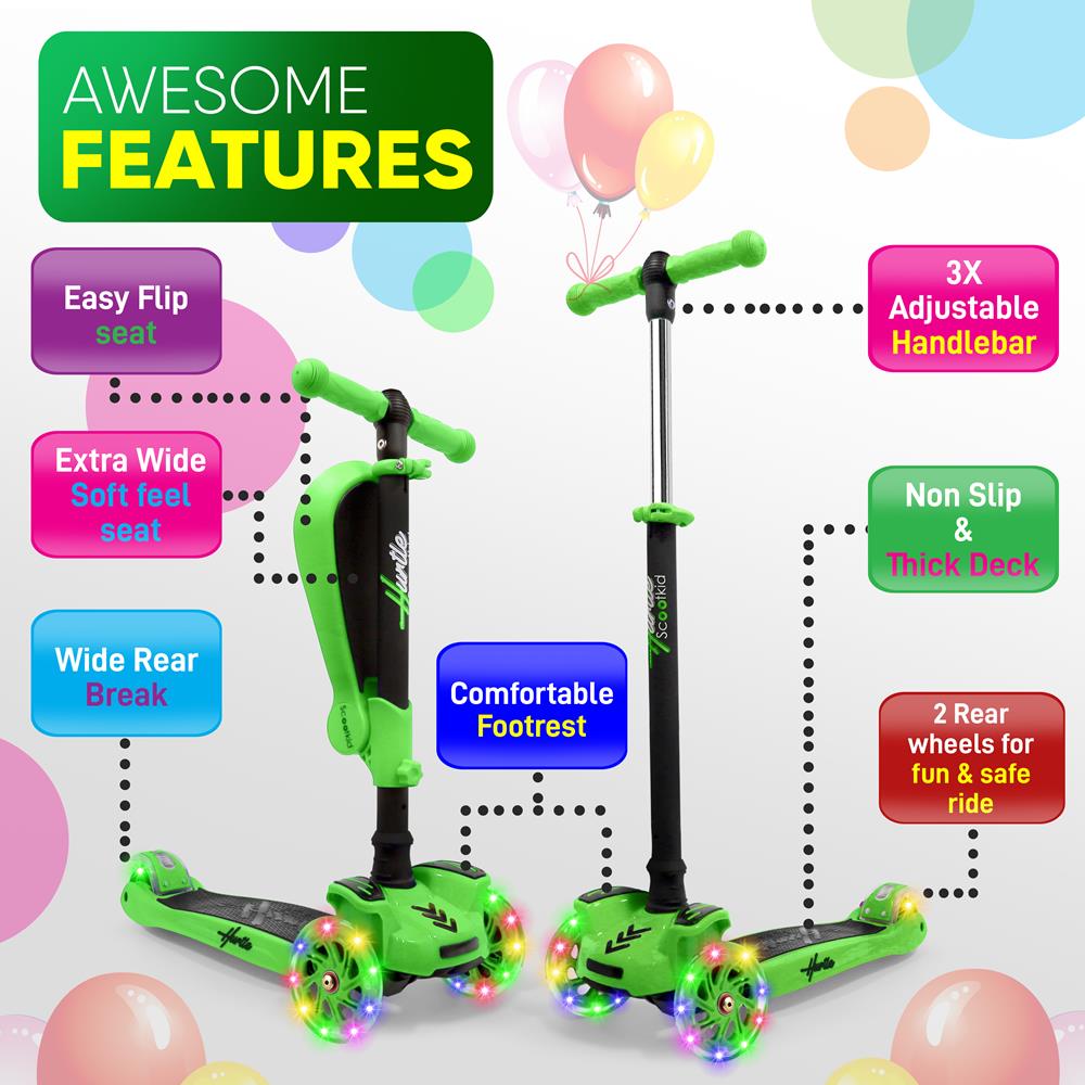 3 Wheel Kids Scooter with Light Up Wheels with Fold Out Seat-Green