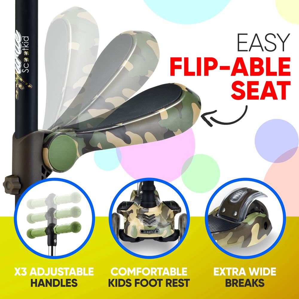 3 Wheel Kids Scooter with Light Up Wheels and Fold Out Seat -Camo