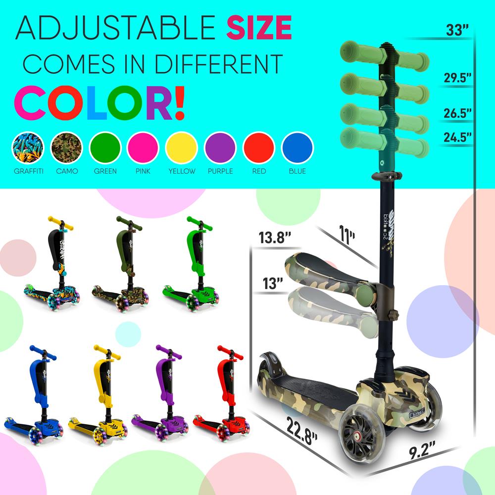 3 Wheel Kids Scooter with Light Up Wheels and Fold Out Seat -Camo