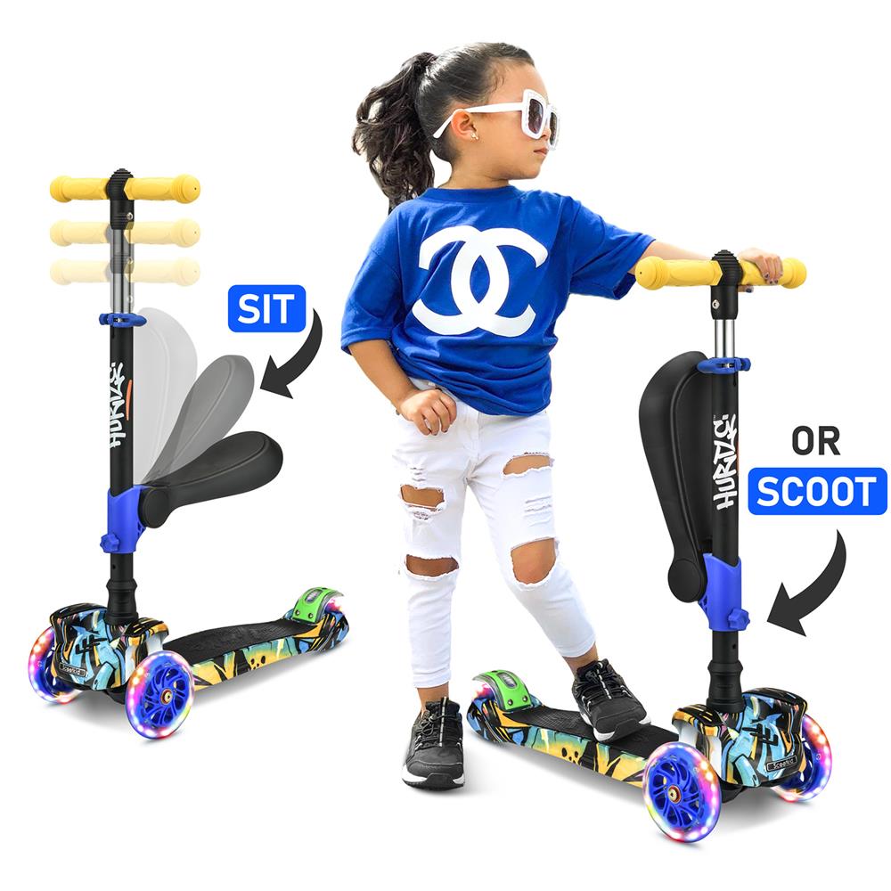 3 Wheel Kids Scooter with Light Up Wheels with Fold Out Seat - Graffiti