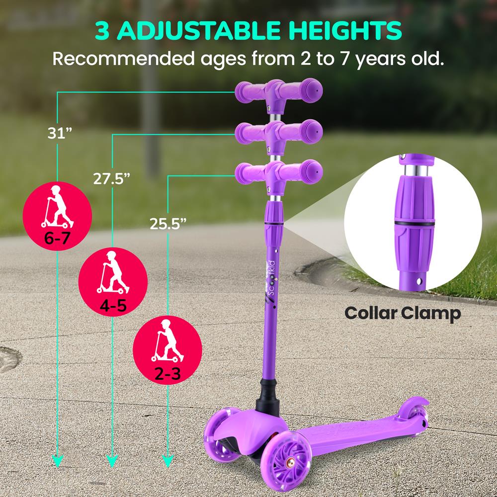 3 Wheel Kids Kick Scooter with Light Up Wheels- Purple