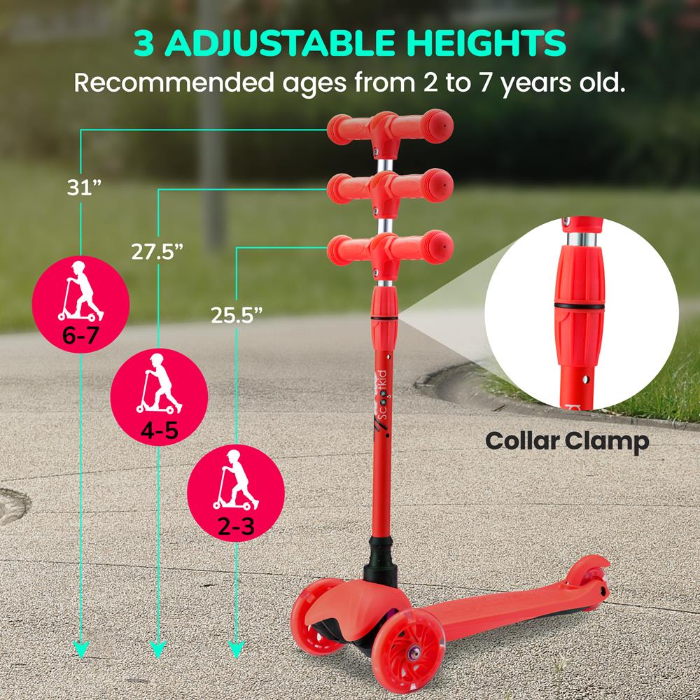 3 Wheel Kids Kick Scooter with Light Up Wheels for Ages 2 to 5 - Red
