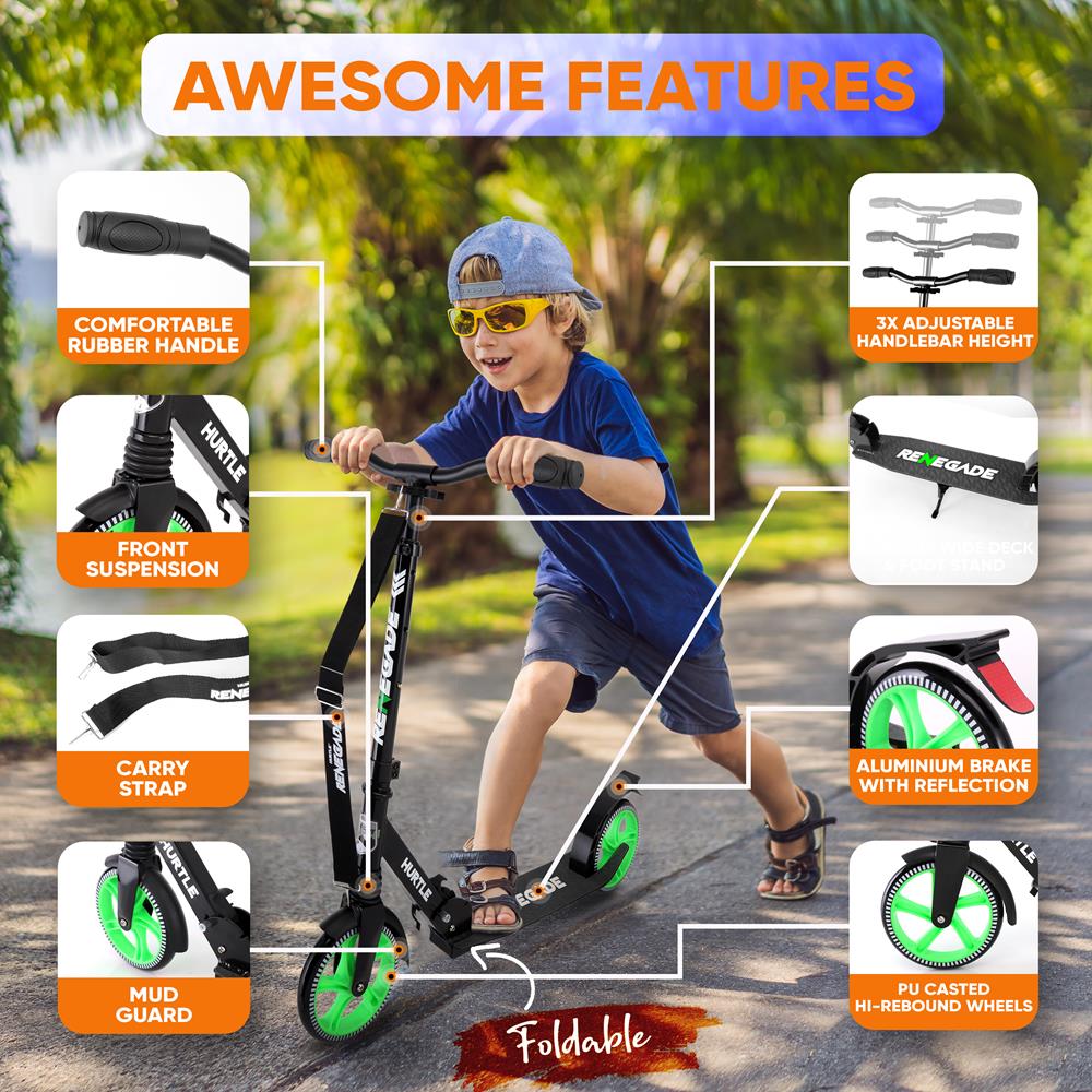 Folding Kick Scooter for Teens and Adults with Smooth 200mm Wheels - Green
