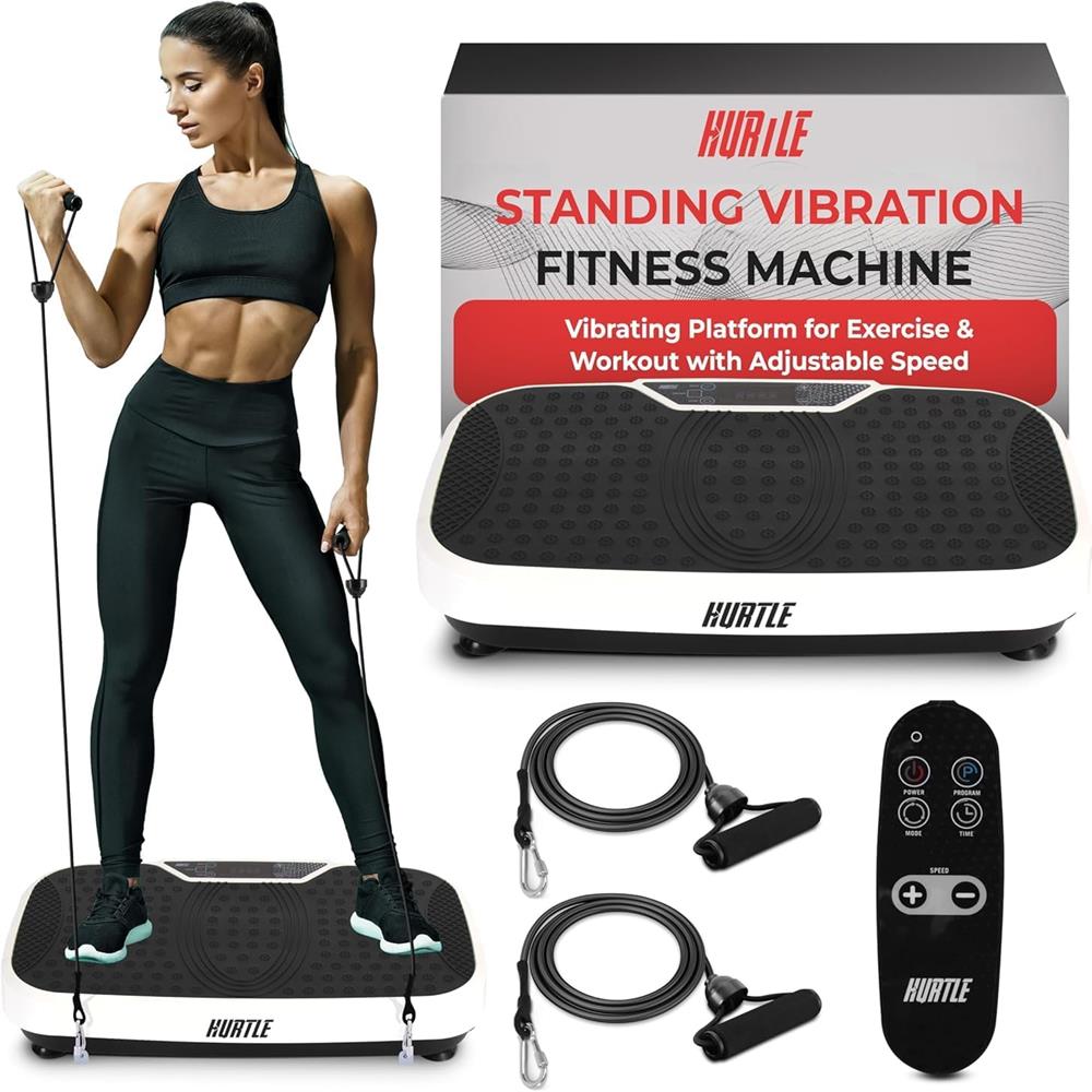 Standing Vibration Fitness Machine with Remote and Resistance Bands - White