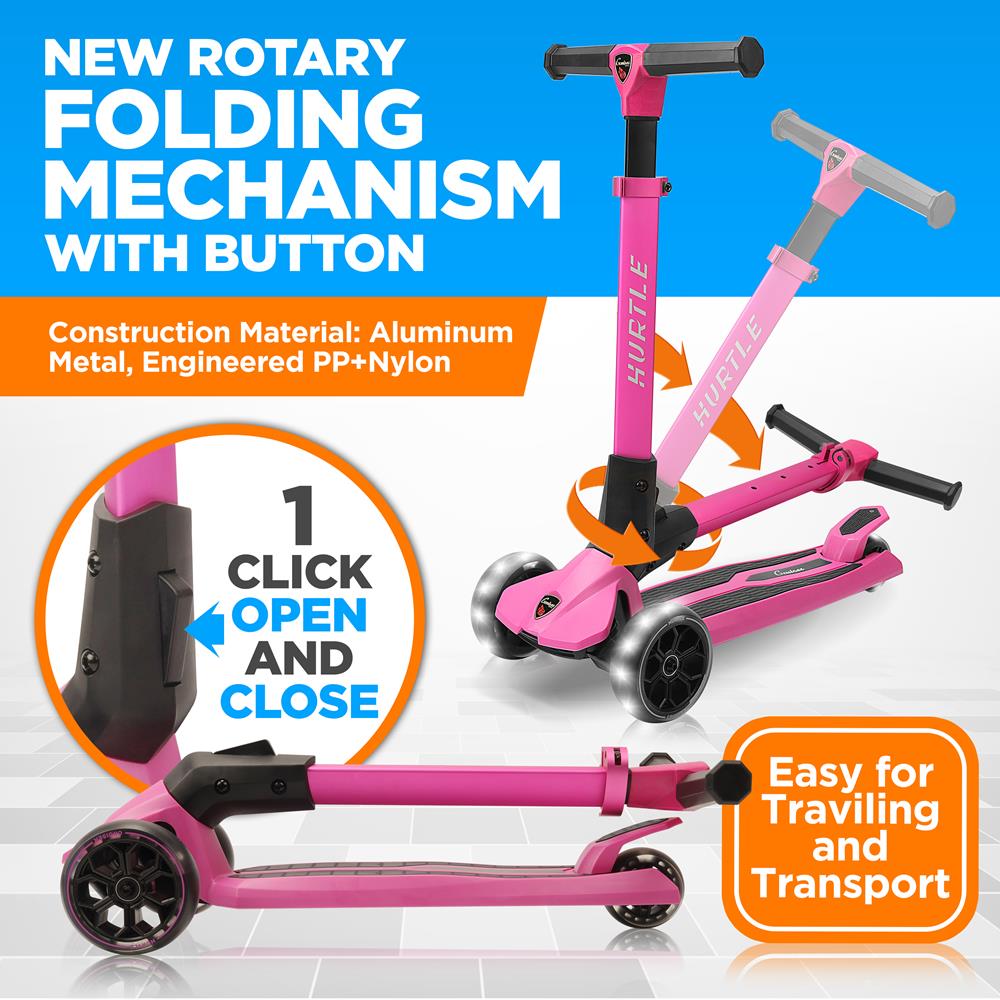Kids 3 Wheel Scooter with LED Wheels, Adjustable Height-Pink