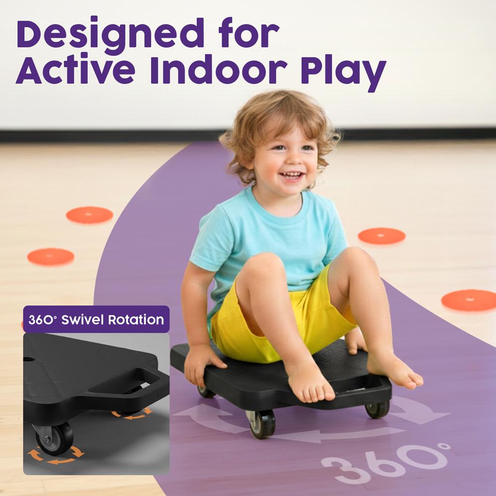 Kids Scooter Board with Handles, Tow Rope and Cones - Black