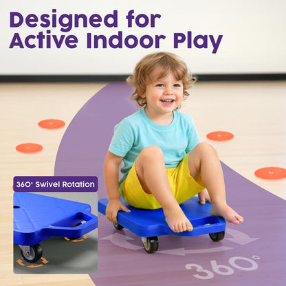 Hurtle Kids Scooter Board - With Handles Tow Strap Smooth Casters And Flat Round Cones For Indoor Play Gym Classes And Pe Activities (Blue)