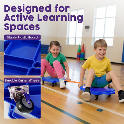 Hurtle Kids Scooter Board - With Handles Tow Strap Smooth Casters And Flat Round Cones For Indoor Play Gym Classes And Pe Activities (Blue)