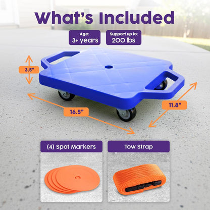 Hurtle Kids Scooter Board - With Handles Tow Strap Smooth Casters And Flat Round Cones For Indoor Play Gym Classes And Pe Activities (Blue)