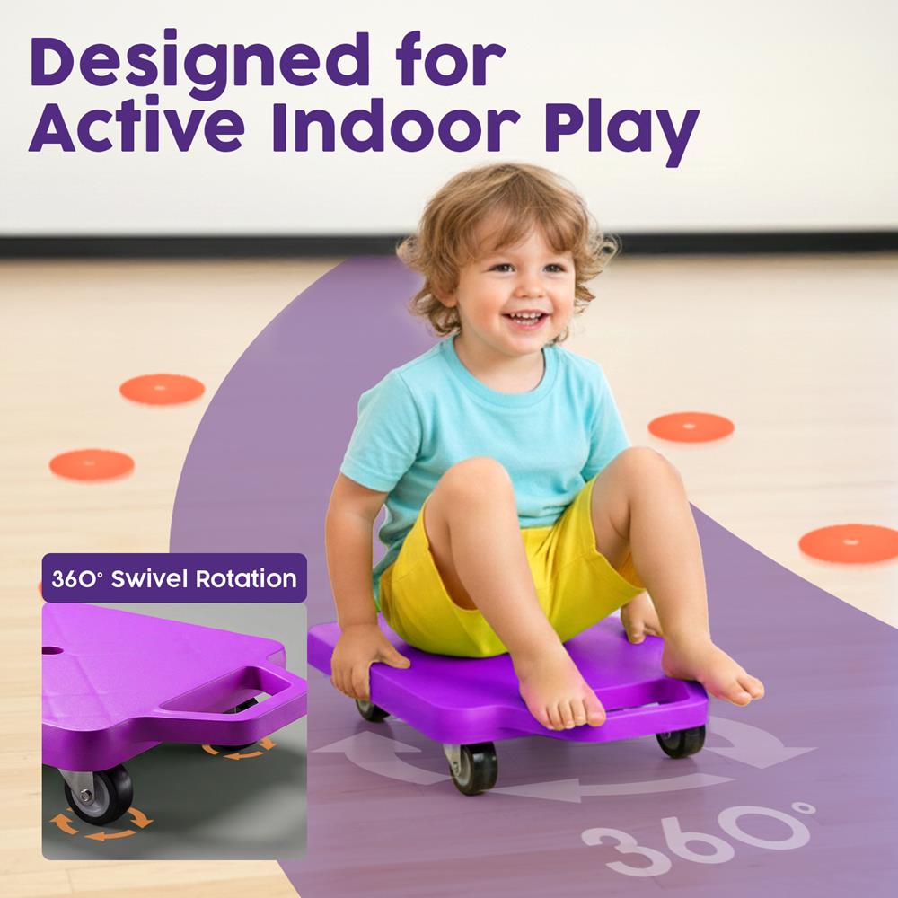 Kids Scooter Board with Handles, Tow Rope and Cones - Purple