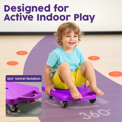 Hurtle Kids Scooter Board - With Handles Tow Strap Smooth Casters And Flat Round Cones For Indoor Play Gym Classes And Pe Activities (Purple)