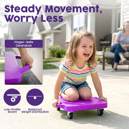 Hurtle Kids Scooter Board - With Handles Tow Strap Smooth Casters And Flat Round Cones For Indoor Play Gym Classes And Pe Activities (Purple)