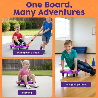 Hurtle Kids Scooter Board - With Handles Tow Strap Smooth Casters And Flat Round Cones For Indoor Play Gym Classes And Pe Activities (Purple)
