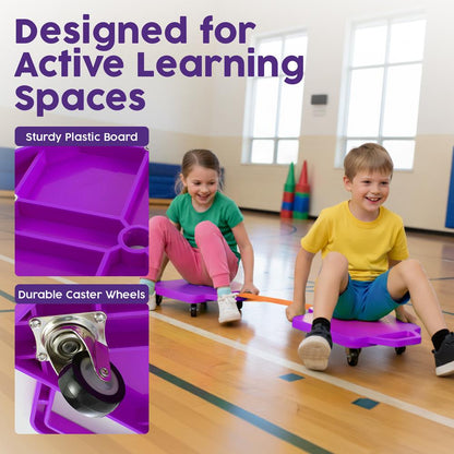 Hurtle Kids Scooter Board - With Handles Tow Strap Smooth Casters And Flat Round Cones For Indoor Play Gym Classes And Pe Activities (Purple)