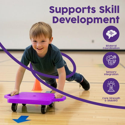 Hurtle Kids Scooter Board - With Handles Tow Strap Smooth Casters And Flat Round Cones For Indoor Play Gym Classes And Pe Activities (Purple)