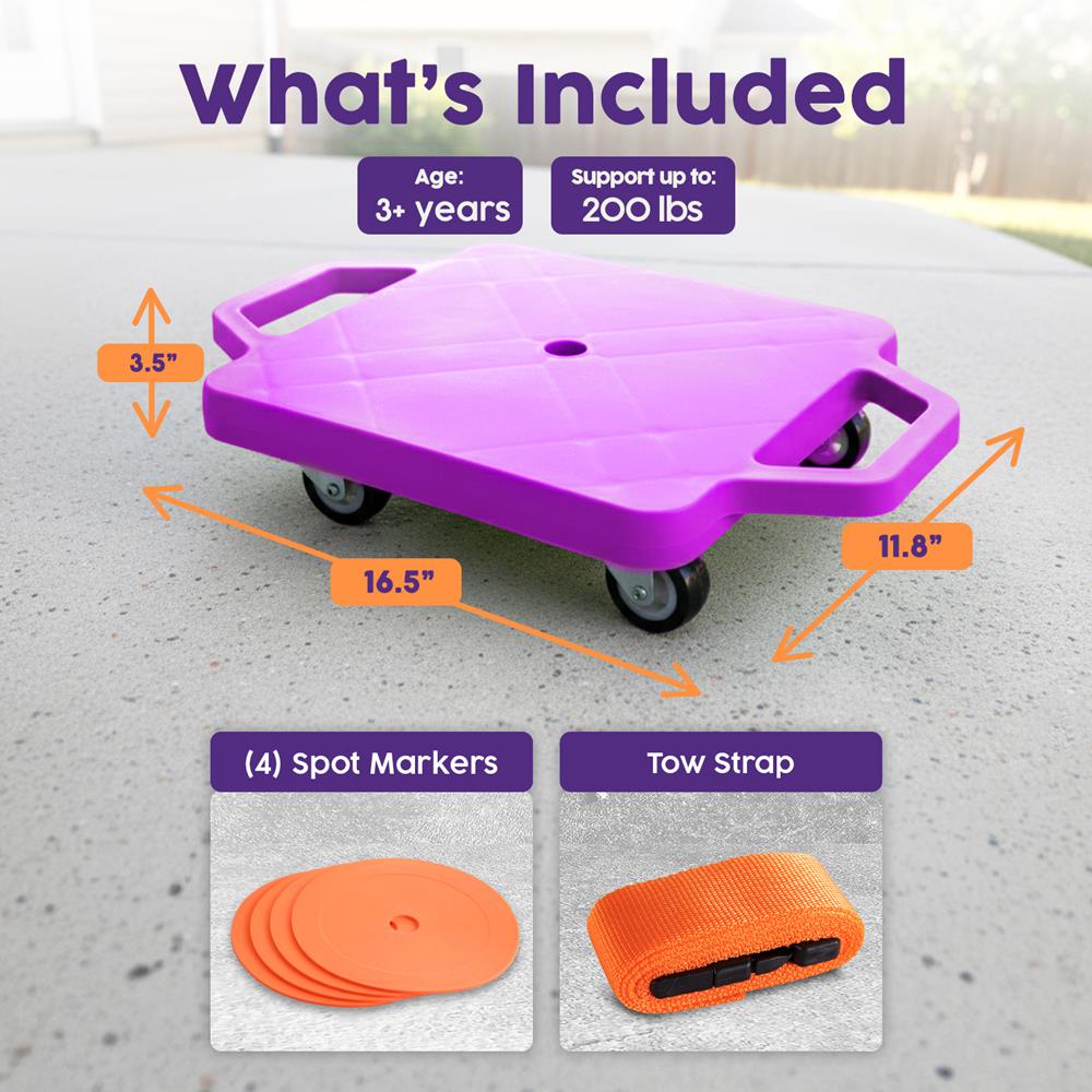 Kids Scooter Board with Handles, Tow Rope and Cones - Purple