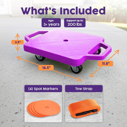 Hurtle Kids Scooter Board - With Handles Tow Strap Smooth Casters And Flat Round Cones For Indoor Play Gym Classes And Pe Activities (Purple)