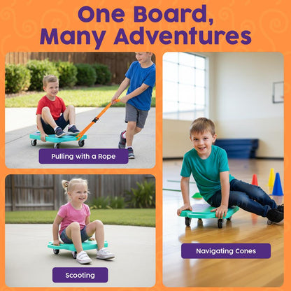 Hurtle Kids Scooter Board - With Handles Tow Strap Smooth Casters And Flat Round Cones For Indoor Play Gym Classes And Pe Activities (Teal)