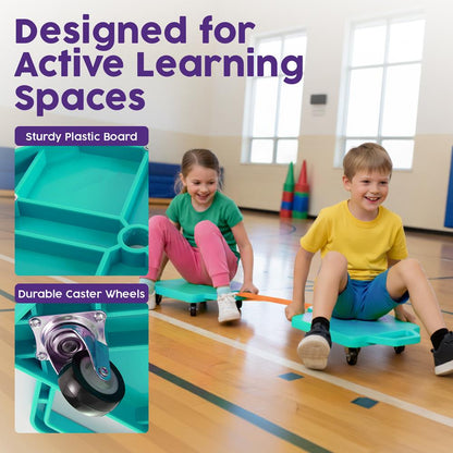 Hurtle Kids Scooter Board - With Handles Tow Strap Smooth Casters And Flat Round Cones For Indoor Play Gym Classes And Pe Activities (Teal)