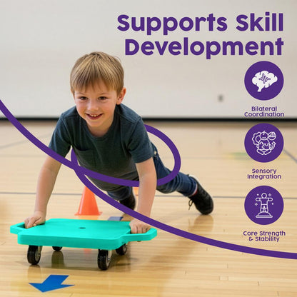 Hurtle Kids Scooter Board - With Handles Tow Strap Smooth Casters And Flat Round Cones For Indoor Play Gym Classes And Pe Activities (Teal)