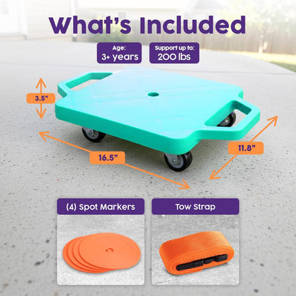Hurtle Kids Scooter Board - With Handles Tow Strap Smooth Casters And Flat Round Cones For Indoor Play Gym Classes And Pe Activities (Teal)
