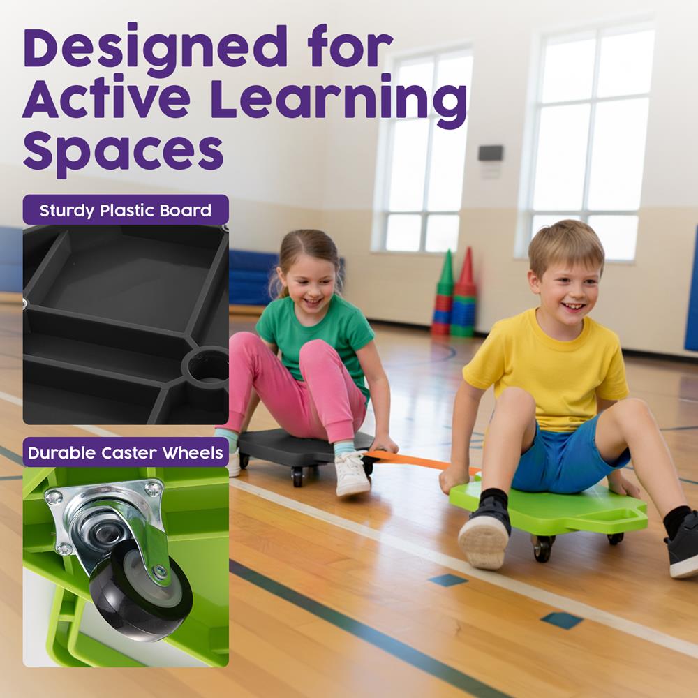 Kids Scooter Boards 2 Pack with Tow Ropes and Cones - Green and Black