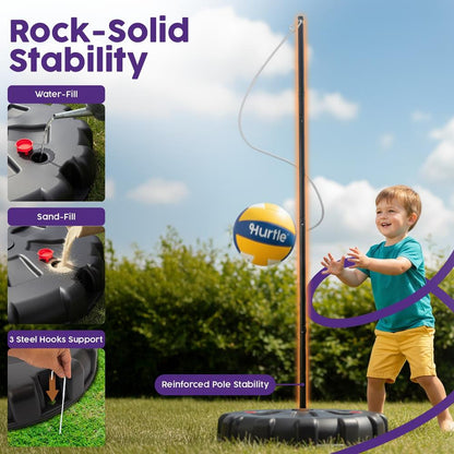 Hurtle Portable Tetherball Set - Complete Indoor/Outdoor Game With Ball Cord Pole Pump And Heavy-Duty Base For Gym Backyard Beach And Lawn Fun (Black)